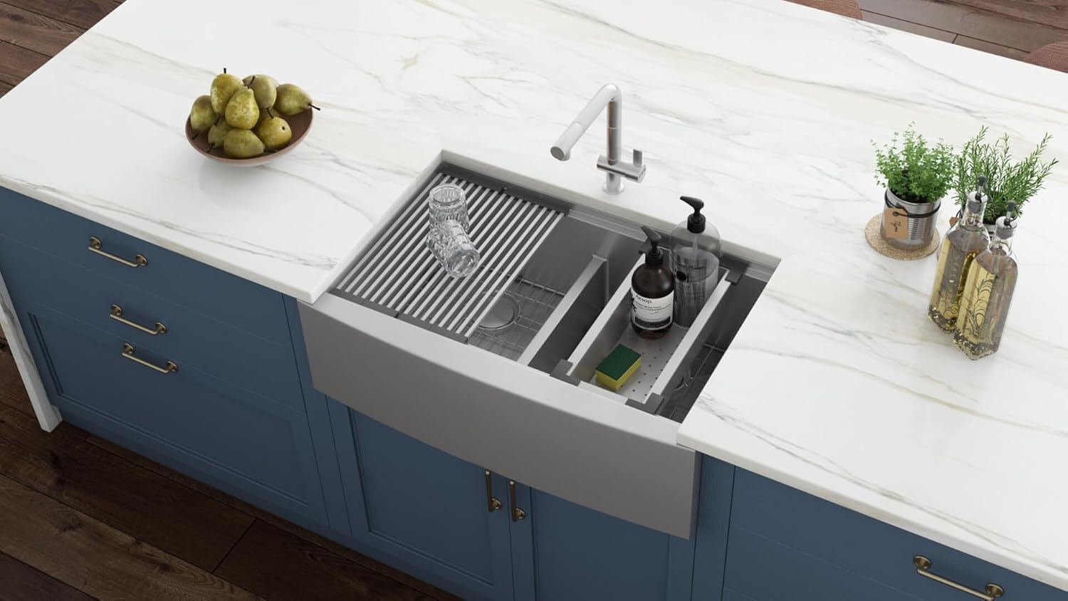 Ruvati 33-inch Apron-front Workstation Low-Divide Double Bowl 60/40 Farmhouse Kitchen Sink 16 Gauge Stainless Steel - RVH9201
