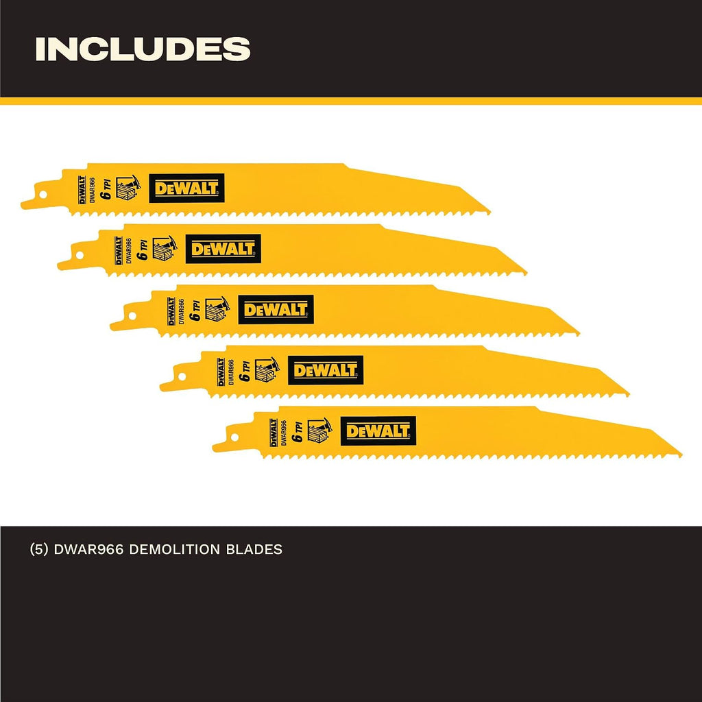 DEWALT 9-in 6 TPI Metal Cutting Bi-Metal Reciprocating Saw Blades (5 Pack) (DWAR966)