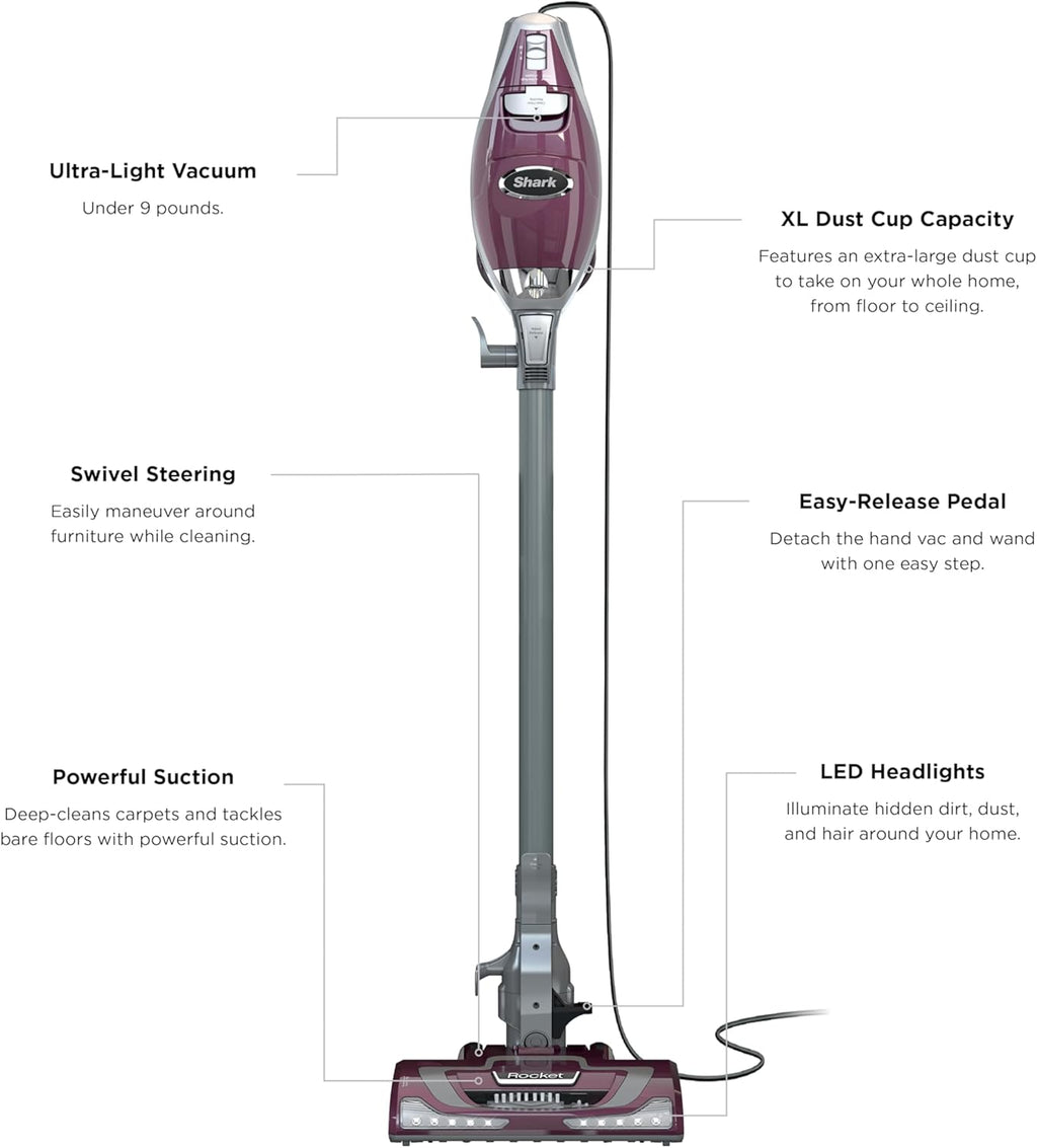 Shark Rocket Pet Plus | Corded Stick Vacuum Cleaner for Carpet, Rugs & Hard Floors | Lightweight Hand Vacuum for Pet Hair | LED Headlights | XL Dust Cup | 2 Attachments | Bordeaux/Silver | HV322