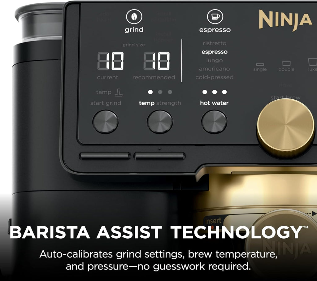 Ninja Luxe™ Café Pro designed by David Beckham, Espresso Machine, Drip Coffee, Cold Brew, Hot Water, Integrated Tamper, Built-in Grinder, Hands-Free Frother for Lattes & More, Black/Gold, ES771BK