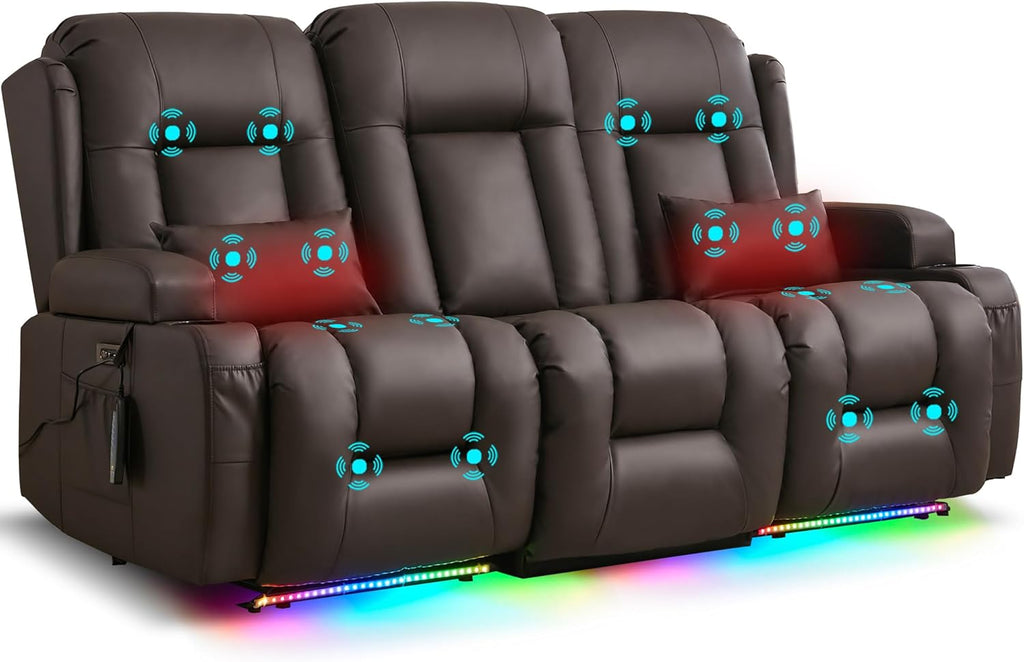 URRED Power Loveseat Recliner Sofa with Massage and Heat, Wall Hugger Reclining Loveseat with Console, RV Couch Home Theater Seating with LED Lights for Living Room (Dark Brown, 76.8" - 3 Seats)