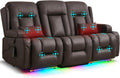 URRED Power Loveseat Recliner Sofa with Massage and Heat, Wall Hugger Reclining Loveseat with Console, RV Couch Home Theater Seating with LED Lights for Living Room (Dark Brown, 76.8" - 3 Seats)