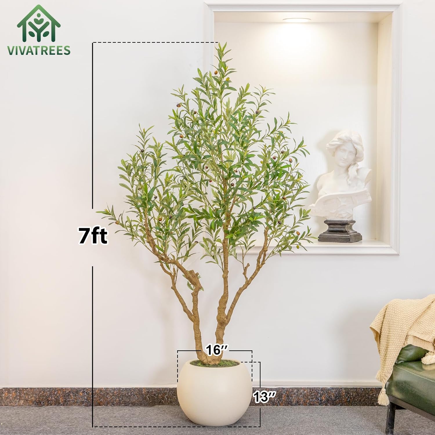 VIVATREES Olive Tree Artificial Indoor, 7FT Tall Faux Olive Tree with 16in Round White Planter, Artificial Plants with Natural Wood Trunk and Lifelike Fruits for Home Office Decor