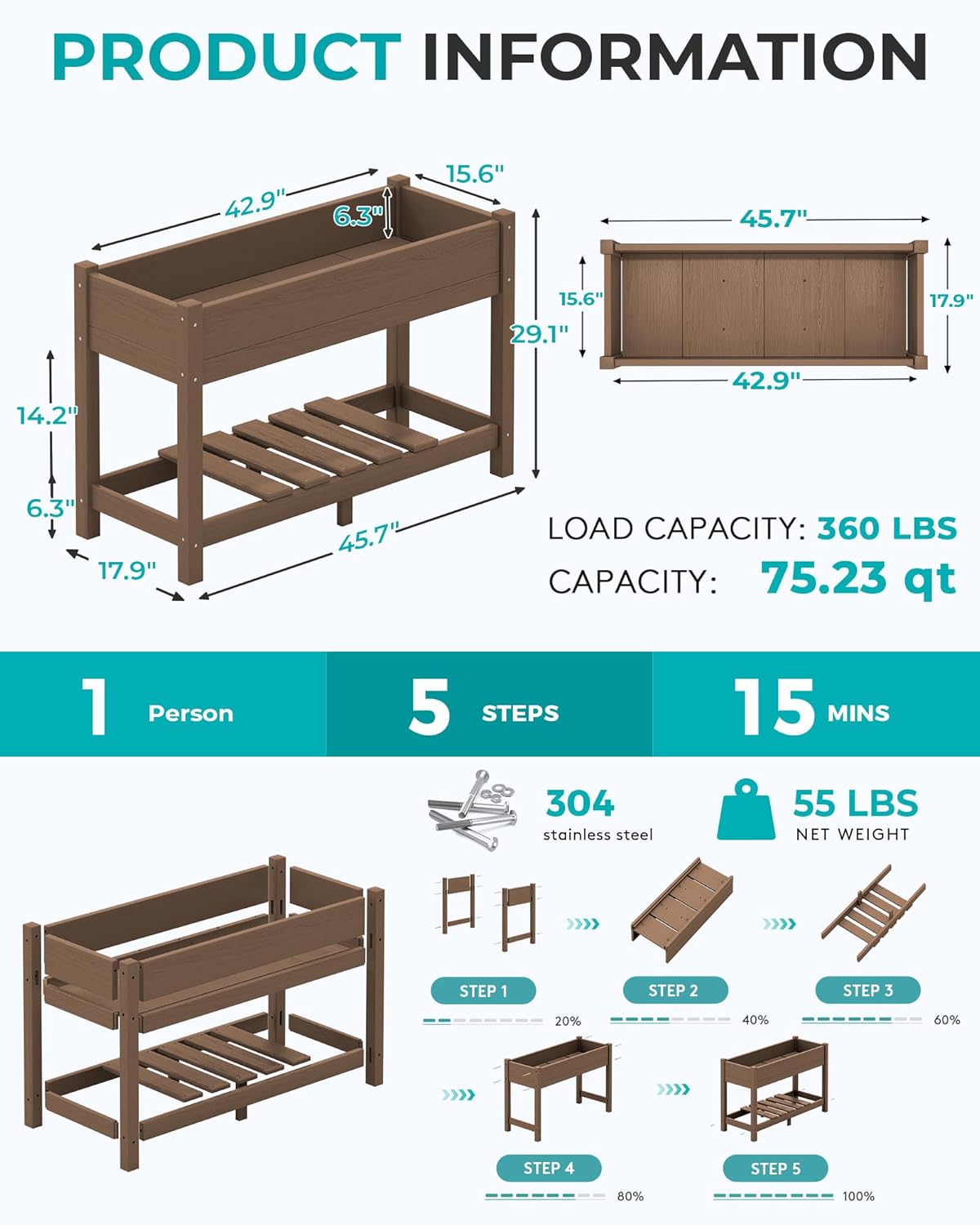 SERWALL Raised Garden Bed with Legs, 43"×17"×30" Large HDPE Elevated Planter Box for Vegetables Flower Herb Patio, All Weather Use- Brown