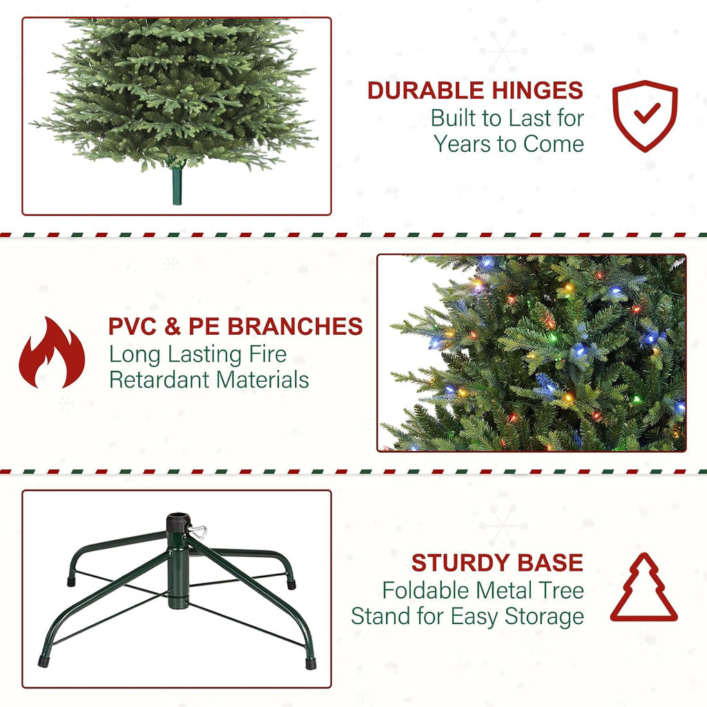 9 ft Lighted Artificial Christmas Tree, 600 Color Changing LED Lights, 5149 PE&PVC Mixed Branch Tips, Metal Base and Hinged Branches for Party, Home, Holiday, 10 Modes