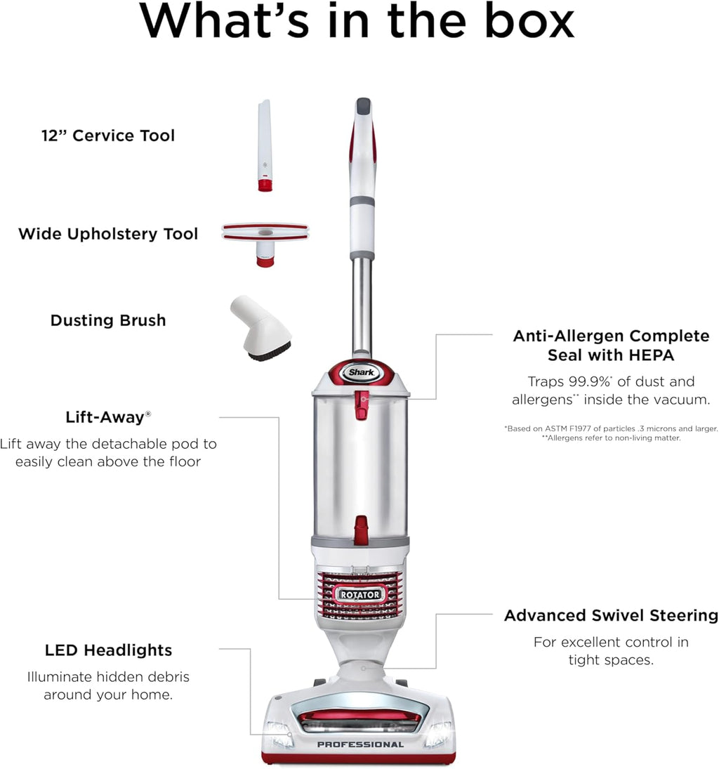 Shark Upright Vacuum Cleaner | Rotator Lift-Away | Pet Hair, Carpet & Hard Floor Cleaning | Dusting Brush, Upholstery & Crevice Tools | HEPA Filter | Swivel Steering | Headlights | White/Red | NV501