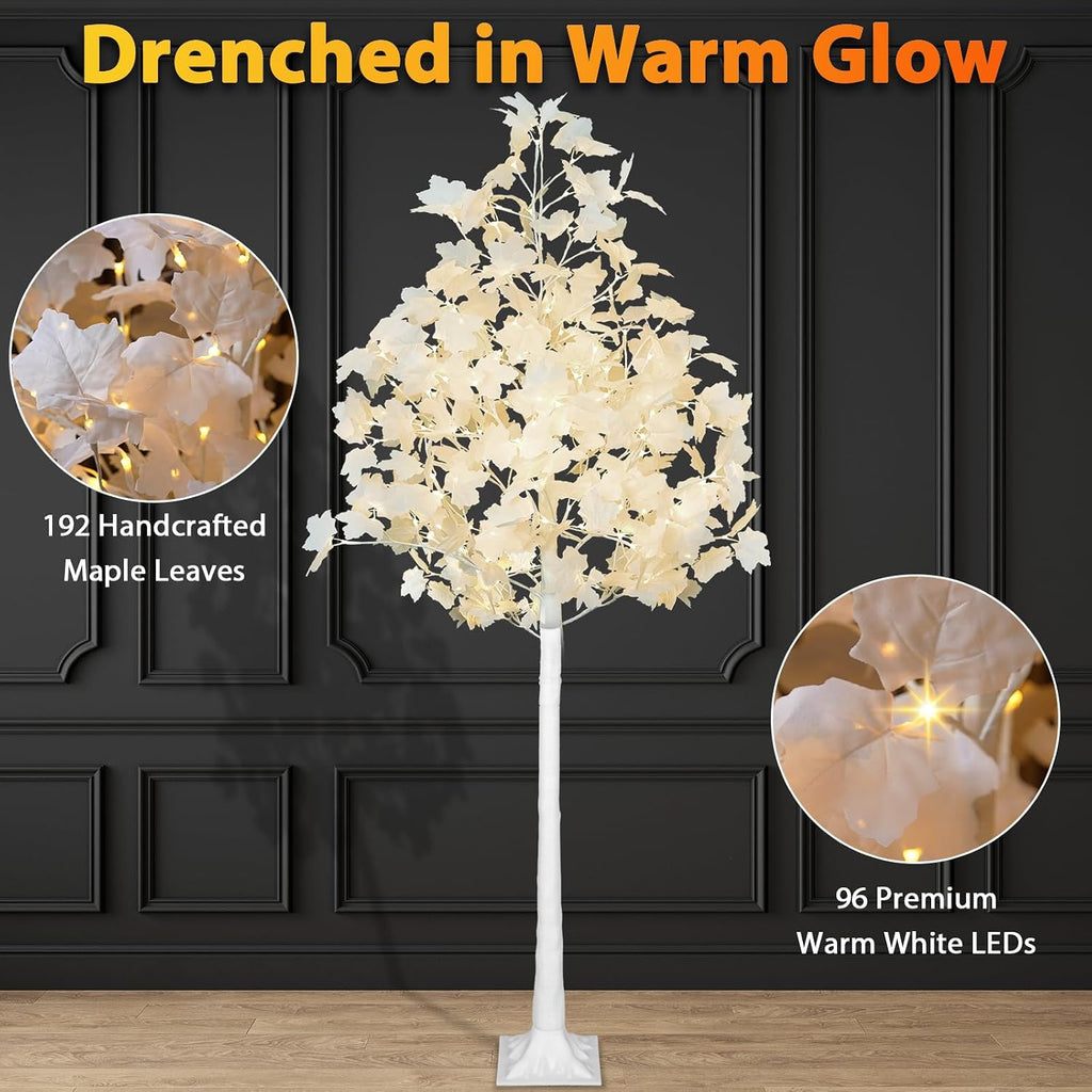 VIVATREES 5FT Artificial Lighted Maple Tree, 96LED Fall Tree with Warm White/Cold White Lights for Thanksgiving, Outdoor Indoor Home Decor