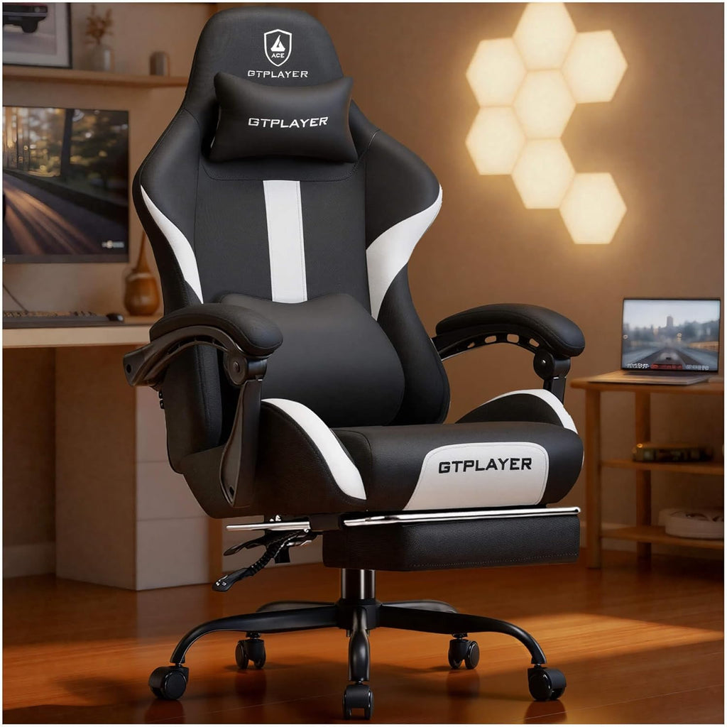 GTPLAYER Gaming Chair with Foot Rest & Pocket Spring Cushion, Ergonomic High Back Computer Desk Chair with Headrest & Lumbar Support for Back Pain Relief, Breathable Fabric, Black