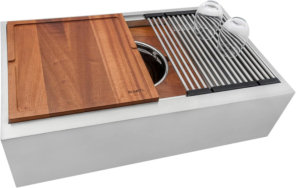Ruvati 33-inch Workstation Two-Tiered Ledge Kitchen Sink Apron-Front 16 Gauge Stainless Steel - RVH9222