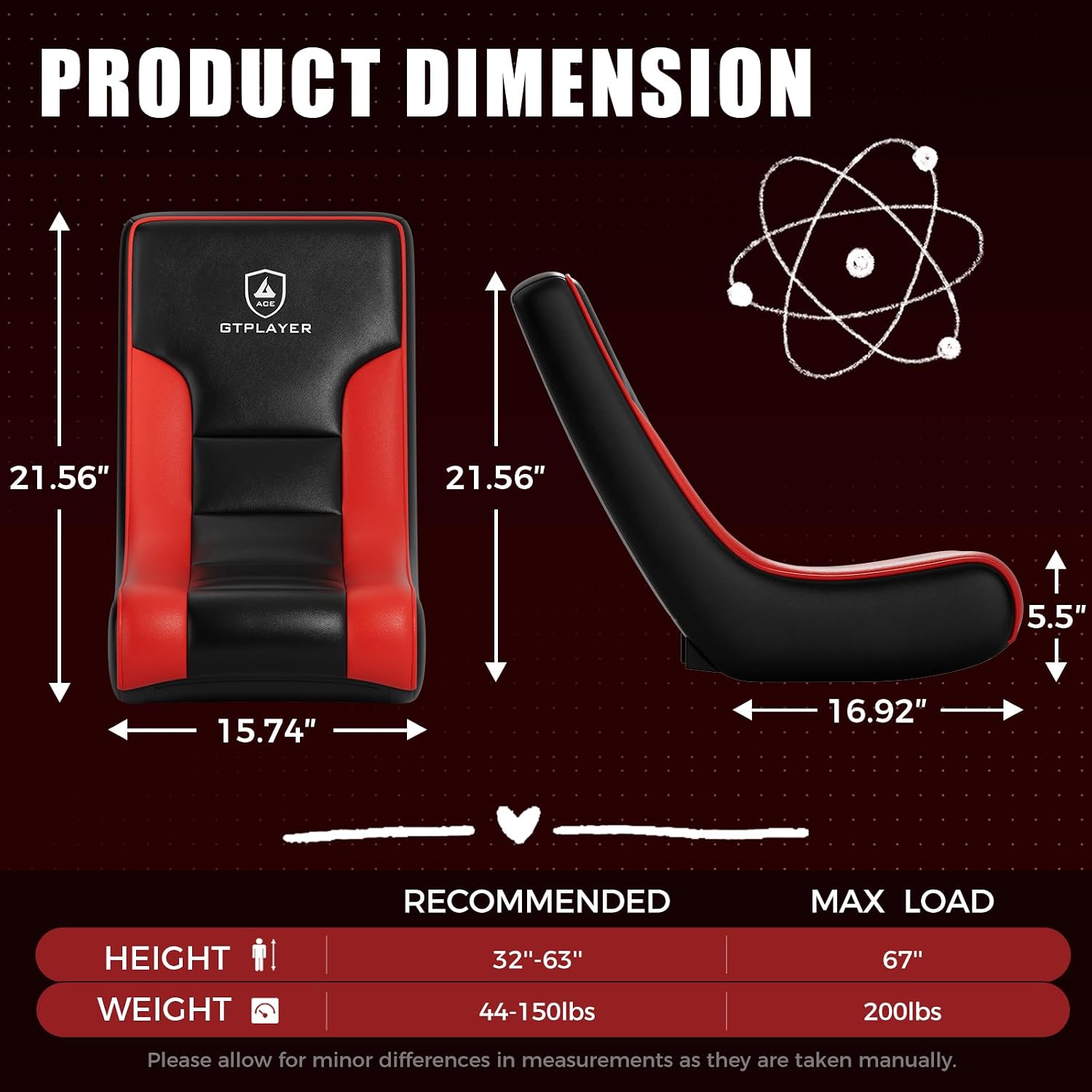 GTPLAYER Floor Rocker Gaming Chair – Adjustable Angle Limiter, Ultra Lightweight Ergonomic Floor Rocking Game Seat for Gaming and Lounging, Red