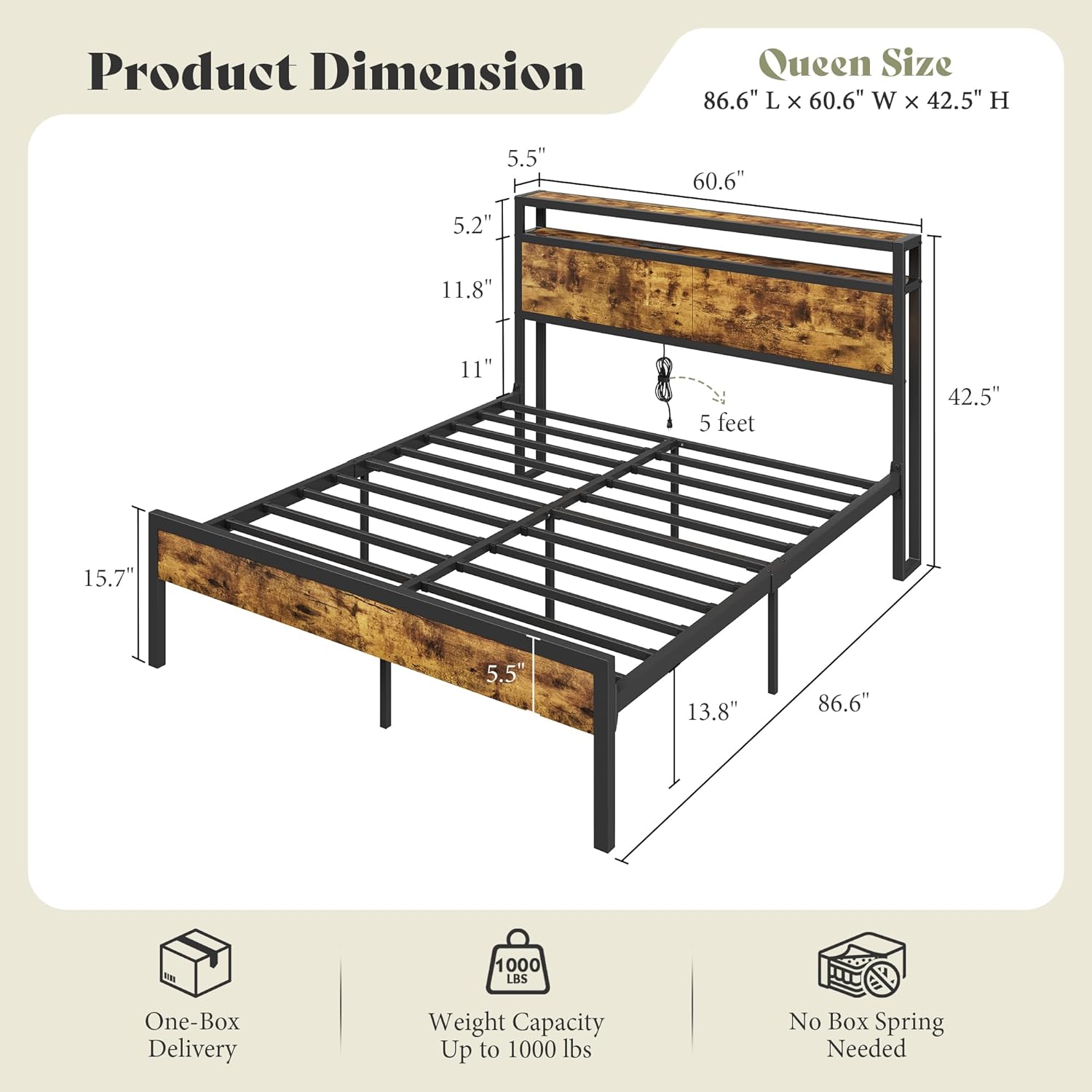 AMERLIFE Queen Size Bed Frame with Storage Headboard & Charging Station, Industrial Metal Platform Bed with Large Under-Bed Storage, Heavy Duty Slats, No Box Spring Needed, Dark Brown