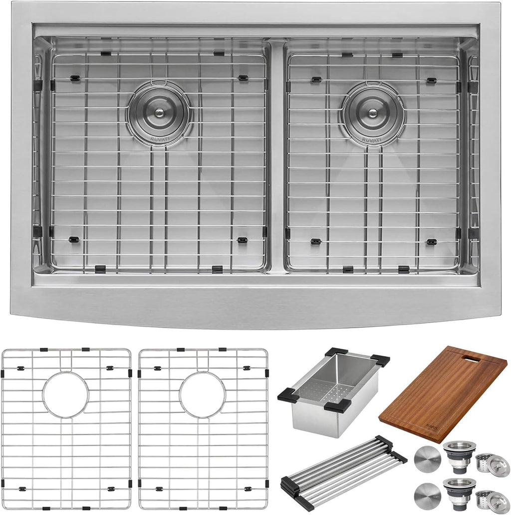 Ruvati 33-inch Apron-front Workstation Low-Divide Double Bowl 60/40 Farmhouse Kitchen Sink 16 Gauge Stainless Steel - RVH9201