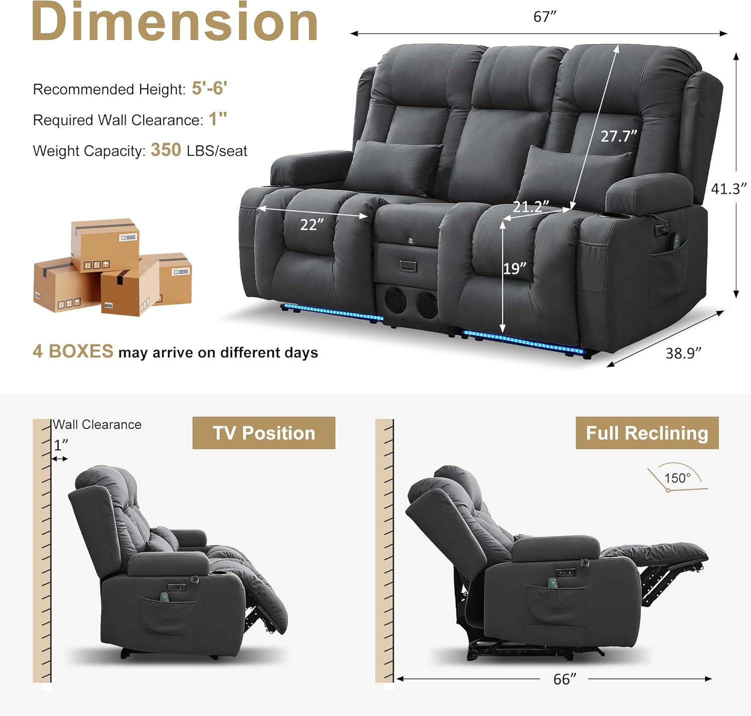 URRED Power Loveseat Recliner Sofa with Massage and Heat, Wall Hugger Reclining Loveseat with Console, RV Couch Home Theater Seating with LED Lights for Living Room (Gray, 67" - 2 Seats)