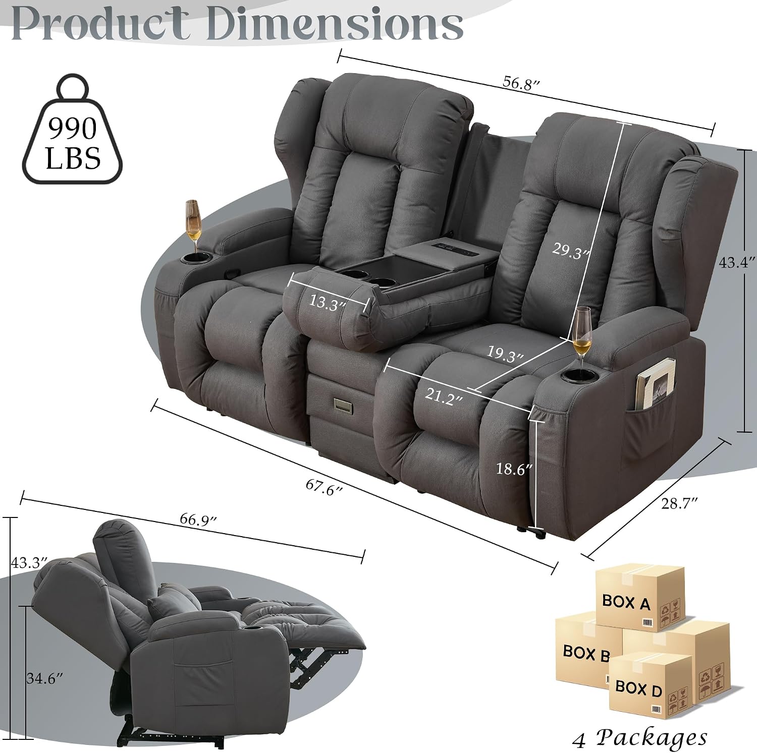URRED Loveseat Recliner Sofa, Manual Reclining Loveseat Sofa with Flip-Down Console, Home Theater RV Recliner Couch with Cup Holders and Storage for Living Room (Grey)