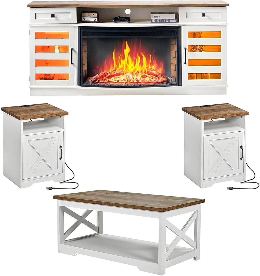 AMERLIFE Farmhouse Living Room Table Set of 4, Include 70" Fireplace TV Stand with 36" Curved Electric Fireplace, Coffee Table & 2 End Tables with Charging Station, White+Barnwood