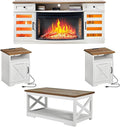 AMERLIFE Farmhouse Living Room Table Set of 4, Include 70" Fireplace TV Stand with 36" Curved Electric Fireplace, Coffee Table & 2 End Tables with Charging Station, White+Barnwood