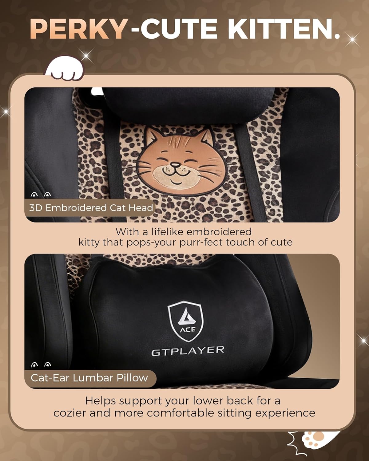 GTPLAYER Gaming Chair with Leopard Print Cat, Cute Velvet Fabric Ergonomic Office Chair with Footrest Headrest and Lumbar Support, Big and Tall Comfortable Video Gamer Chair for Women Gift