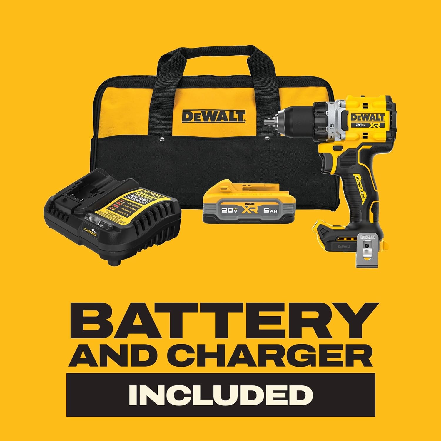 DEWALT Drill Set 20V MAX XR, 1/2 in. Brushless Cordless Drill Driver Kit With 5AH POWERSTACK Battery and Charger, LED Light, Dual Speed (DCD801H1)