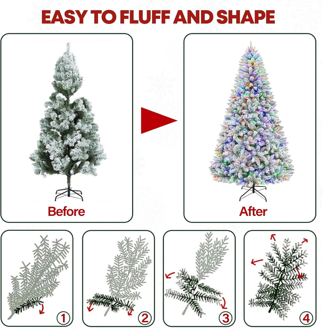 6ft Lighted Artificial Christmas Tree, 250 Multicolor LED Lights, Snow Flocked Christmas Tree with 1032 PVC Tips, Metal Base & Hinged Branches for Holiday, 10 Modes