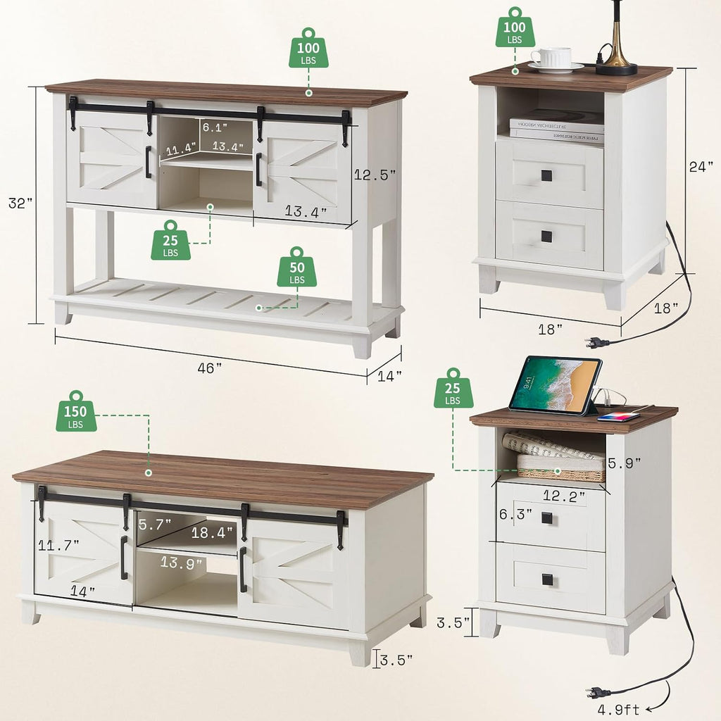AMERLIFE Farmhouse 4-Piece Living Room Set, Entryway Console with Adjustable Shelves, Pair of 18" End Tables with Charging Station, Large Rectangular Coffee Table with Sliding Barn Doors, Rustic White
