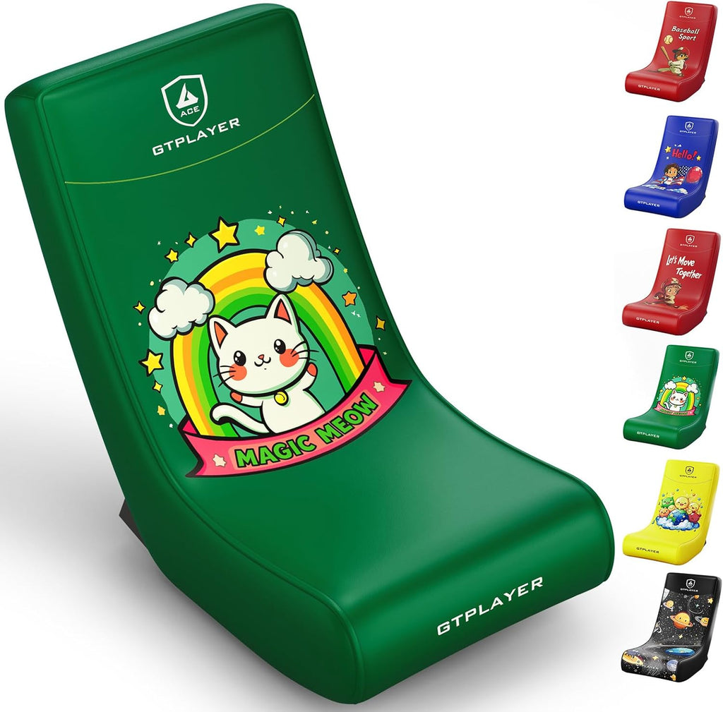 GTPLAYER Gaming Floor Rocking Chair – Rocker Floor Game Chair with Angle Limiter, Stylish Patterned Design, Comfortable Video Game Seat, Green Cat Pattern