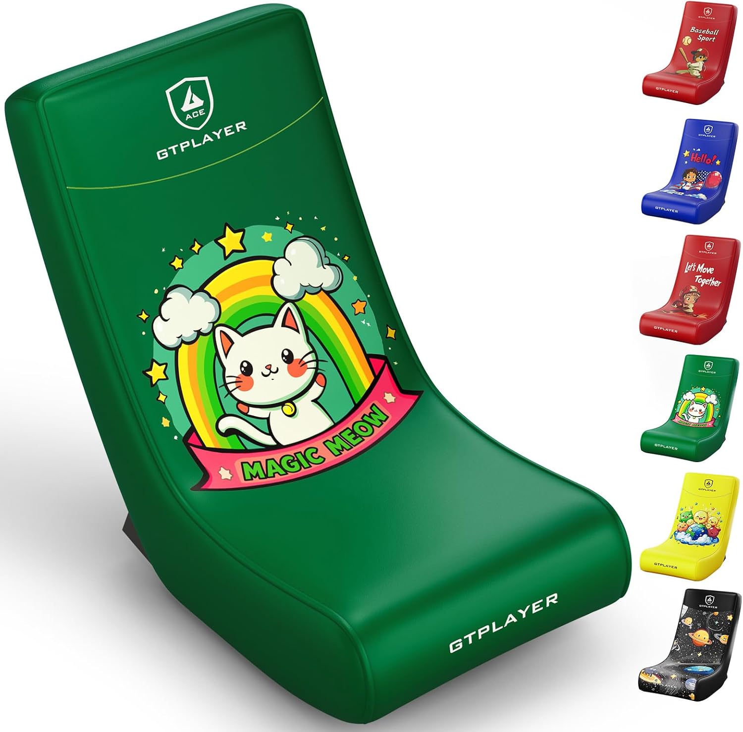 GTPLAYER Gaming Floor Rocking Chair – Rocker Floor Game Chair with Angle Limiter, Stylish Patterned Design, Comfortable Video Game Seat, Green Cat Pattern