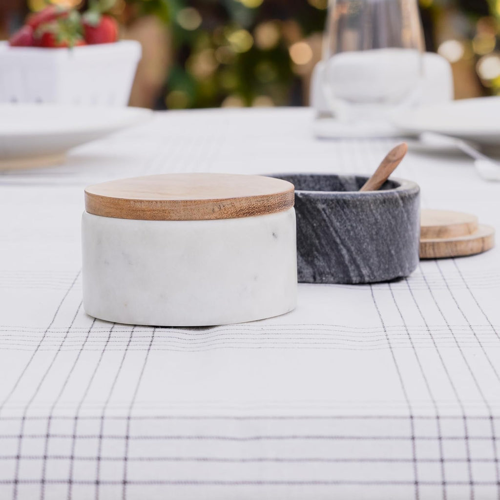 Cork & Mill Grey Marble Salt Cellar with Acacia Wood Lid and Spoon - Elegant Modern Salt Container for Countertop - Handcrafted Pepper Pot - Wide 4” Pepper Holder with Non-Skid Feet