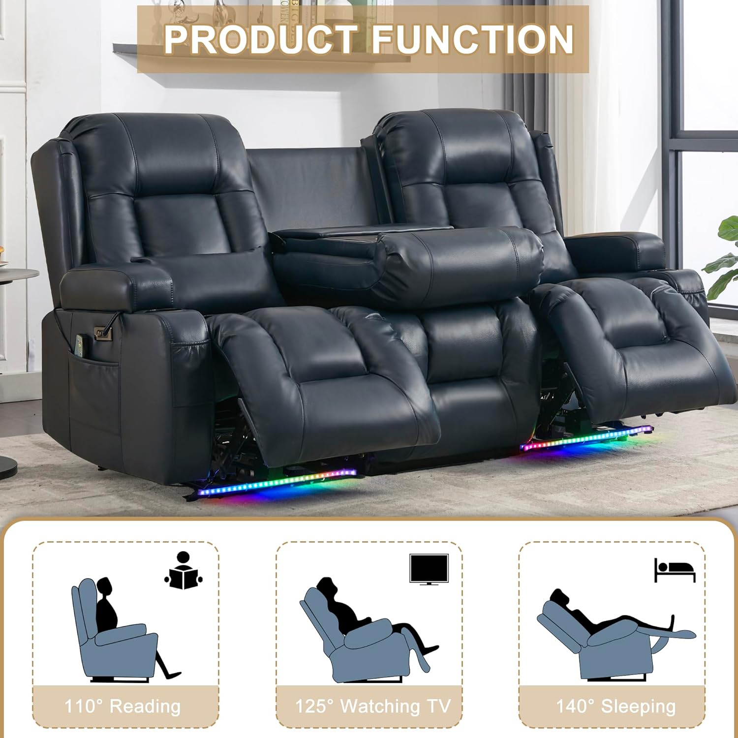 URRED Power Loveseat Recliner Sofa with Massage and Heat, Wall Hugger Reclining Loveseat with Console, RV Couch Home Theater Seating with LED Lights for Living Room (Dark Blue, 76.8" - 3 Seats)