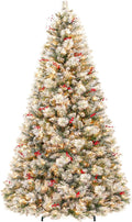 7.5ft Lighted Snow Flocked Christmas Tree, Artificial Christmas Tree with 450 Warm White LED Lights, 1446 Branch Tips, Hinged Design & Metal Stand for Holiday, Decor