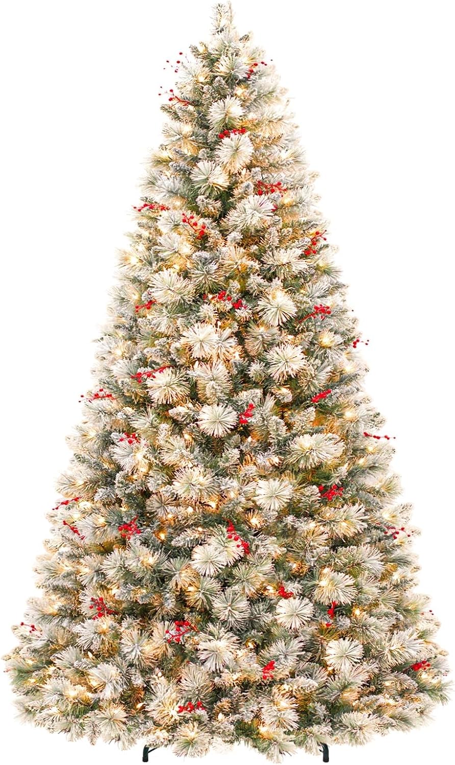 7.5ft Lighted Snow Flocked Christmas Tree, Artificial Christmas Tree with 450 Warm White LED Lights, 1446 Branch Tips, Hinged Design & Metal Stand for Holiday, Decor