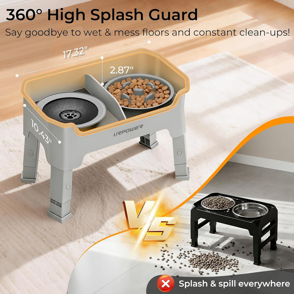 URPOWER Mess Proof Elevated Dog Bowls 4 Height Adjustable Raised Stand with No Spill Water Bowl and Slow Feeder Dog Bowls Non-Slip Food and Water Bowl Set for Small, Medium & Large Dogs