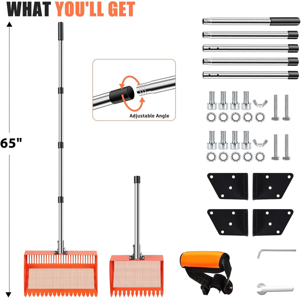 15/10'' Chicken Poop Scooper & Rake,4 IN 1 Chicken Coop Scoop with 2 Large Metal Shovel Heads,Chicken Coop Scooper for Sand,Chicken Scoop with Long Handle,Sifting Shovel for Chicken Coops(37 to 65in)