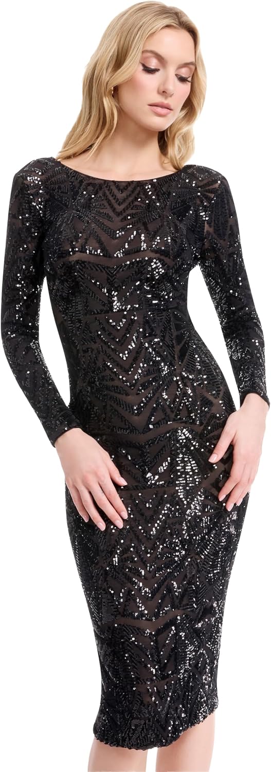 Dress The Population Womens Emery Long Sleeve Stretch Sequin Midi Sheath Ddr147