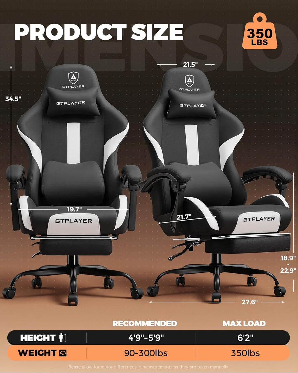 GTPLAYER Gaming Chair with Foot Rest & Pocket Spring Cushion, Ergonomic High Back Computer Desk Chair with Headrest & Lumbar Support for Back Pain Relief, Breathable Fabric, Black