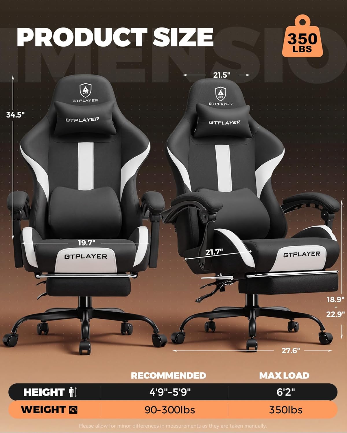 GTPLAYER Gaming Chair with Foot Rest & Pocket Spring Cushion, Ergonomic High Back Computer Desk Chair with Headrest & Lumbar Support for Back Pain Relief, Breathable Fabric, Black