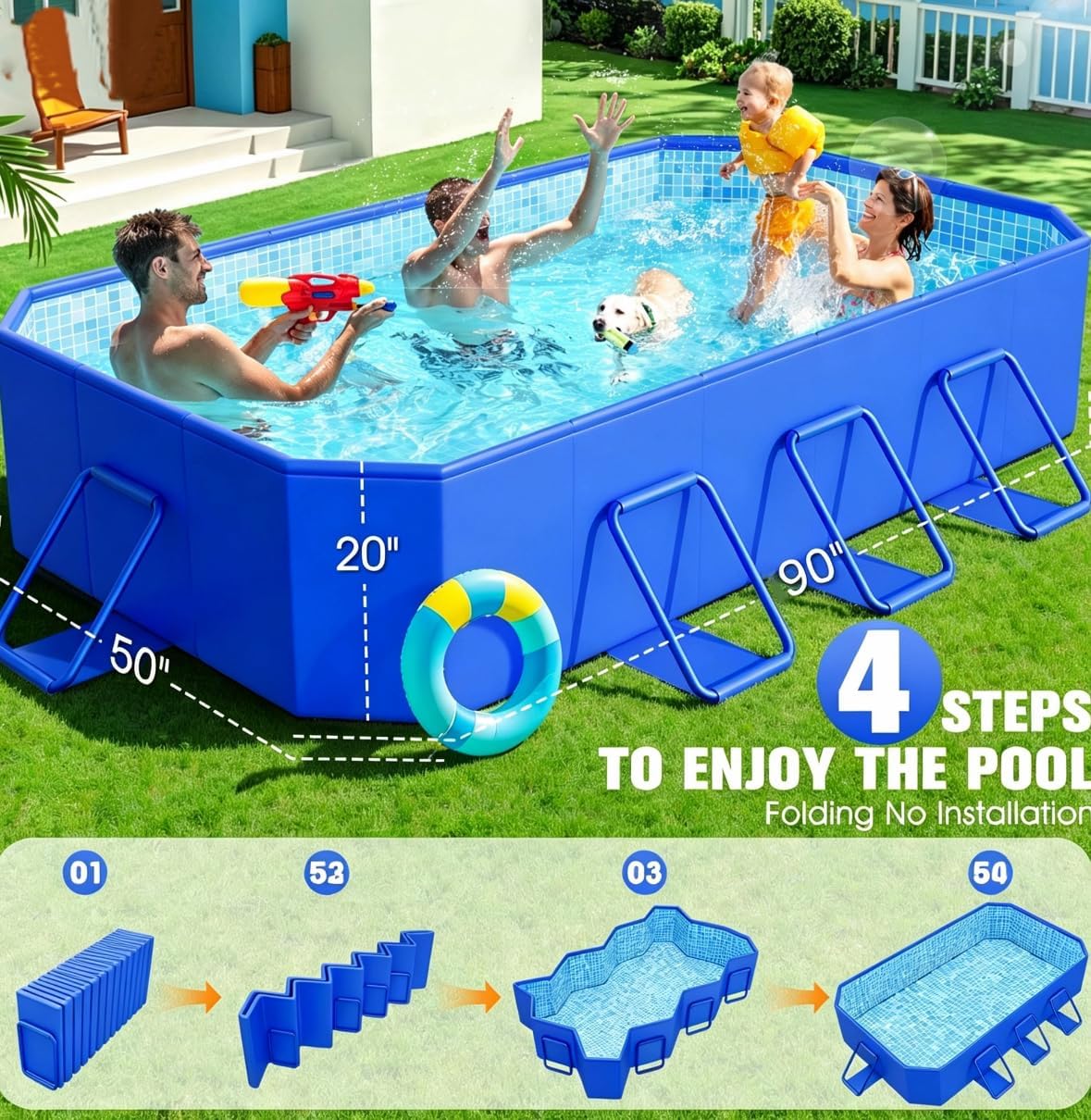 StarOcean 2026 Foldable Pool, Large Non-Inflatable Swimming Pool for Kids,Adult Collapsible Pools Hard Plastic Shell, Oversized Thickened,Portable Folding Kids Pools for Backyard 90"x50"x20"-Blue