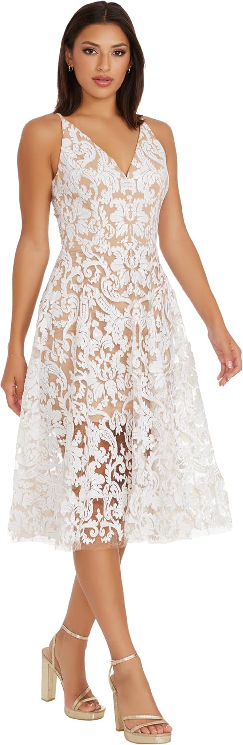 Dress the Population Womens Blair Plunging Fit and Flare Midi Dress