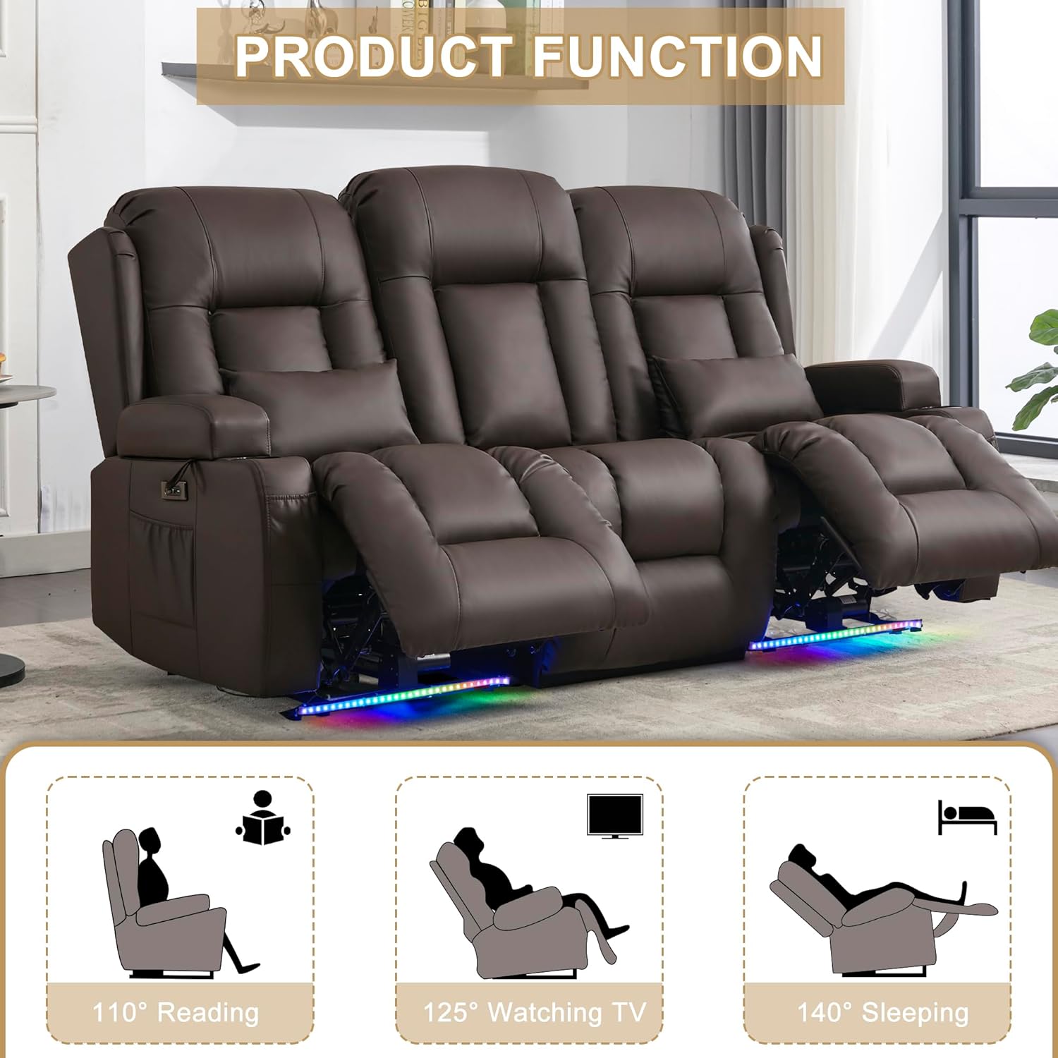 URRED Power Loveseat Recliner Sofa with Massage and Heat, Wall Hugger Reclining Loveseat with Console, RV Couch Home Theater Seating with LED Lights for Living Room (Dark Brown, 76.8" - 3 Seats)