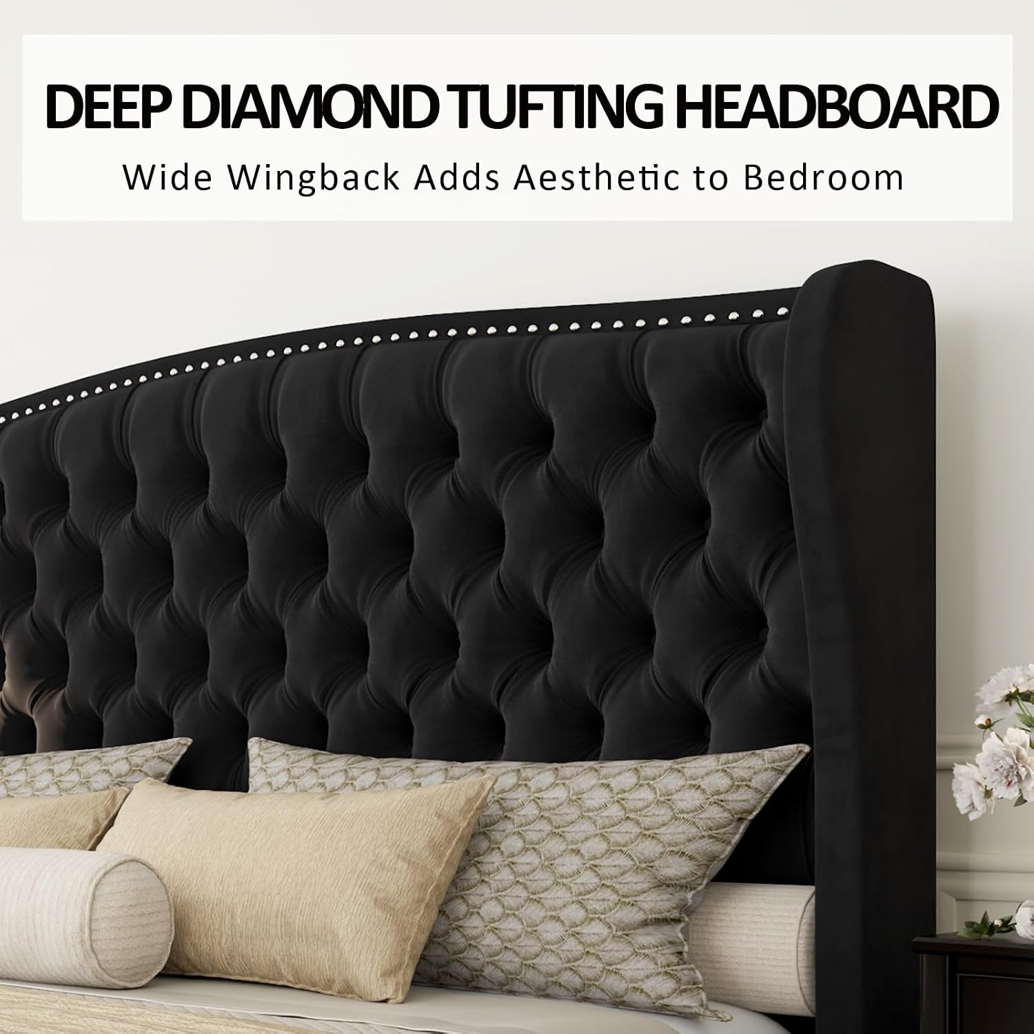 AMERLIFE California King Size Platform Bed Frame, Velvet Upholstered Bed with Deep Button Tufted & Nailhead Trim Wingback Headboard/No Box Spring Needed,Black