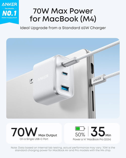 Anker Nano USB C Charger, Ultra-Fast 70W Output 3-Port Fast Charger USB C, Type C Charger Fast Charging, Compact and Stylish, for iPhone 17/16 Series, MacBook, iPad and More(Black, Cable Included)