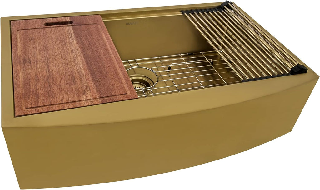 Ruvati 33-inch Matte Gold Workstation kitchen sink - Apron-Front Brass Tone Stainless Steel Kitchen Sink with Brushed Finish, Easy-to-Clean, Undermount Kitchen Sink - RVH9207GG