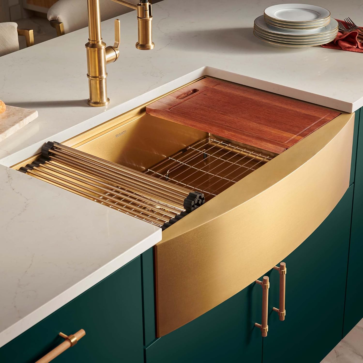 Ruvati 30-inch Matte Gold Workstation Kitchen Sink - Apron-Front Brass Tone Stainless Steel Kitchen Sinks with Brushed Finish hides scratches, Easy-to-Clean Undermount Sink - RVH9106GG