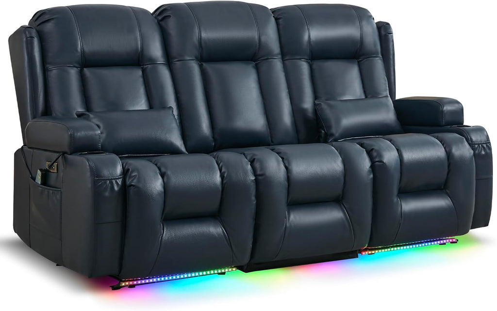 URRED Power Loveseat Recliner Sofa with Massage and Heat, Wall Hugger Reclining Loveseat with Console, RV Couch Home Theater Seating with LED Lights for Living Room (Dark Blue, 76.8" - 3 Seats)