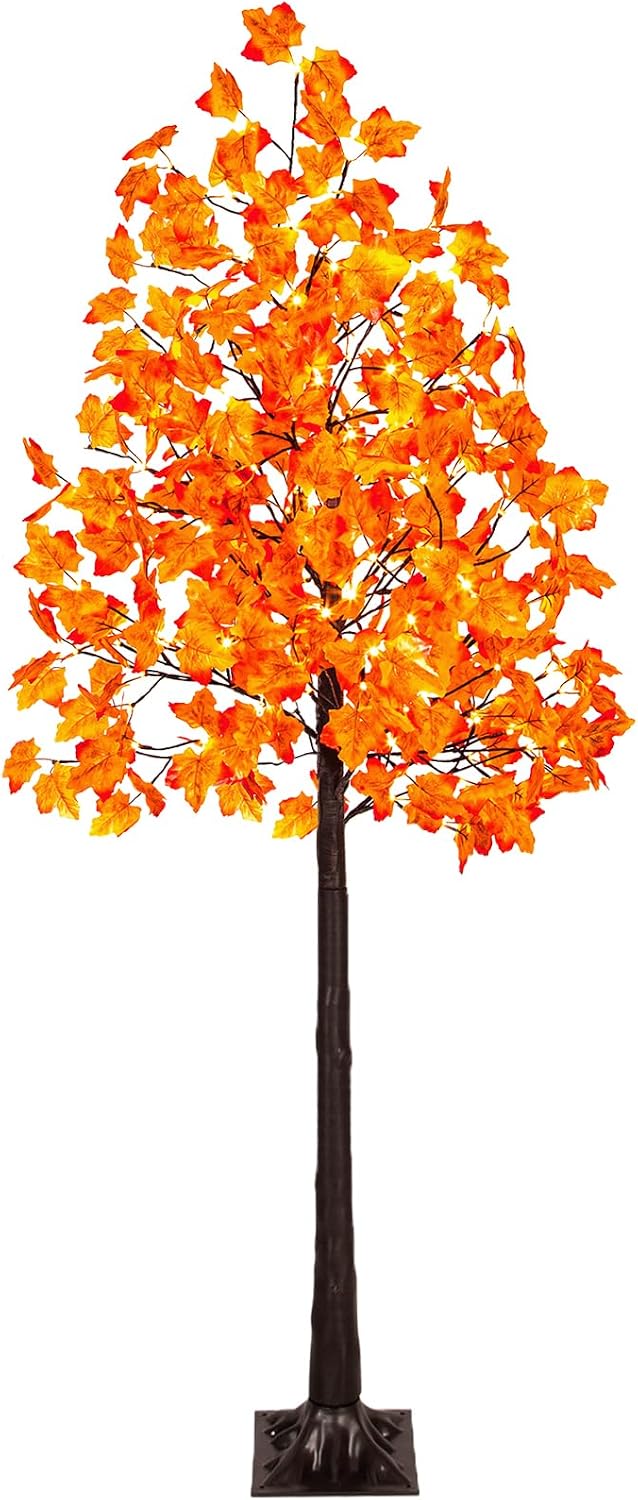 VIVATREES 6FT Artificial Lighted Maple Tree, 120LED Fall Tree with Warm White Lights and Maple Leaves for Halloween, Thanksgiving, Autumn Harvest Outdoor Indoor Home Decor, Orange