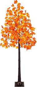 VIVATREES 6FT Artificial Lighted Maple Tree, 120LED Fall Tree with Warm White Lights and Maple Leaves for Halloween, Thanksgiving, Autumn Harvest Outdoor Indoor Home Decor, Orange