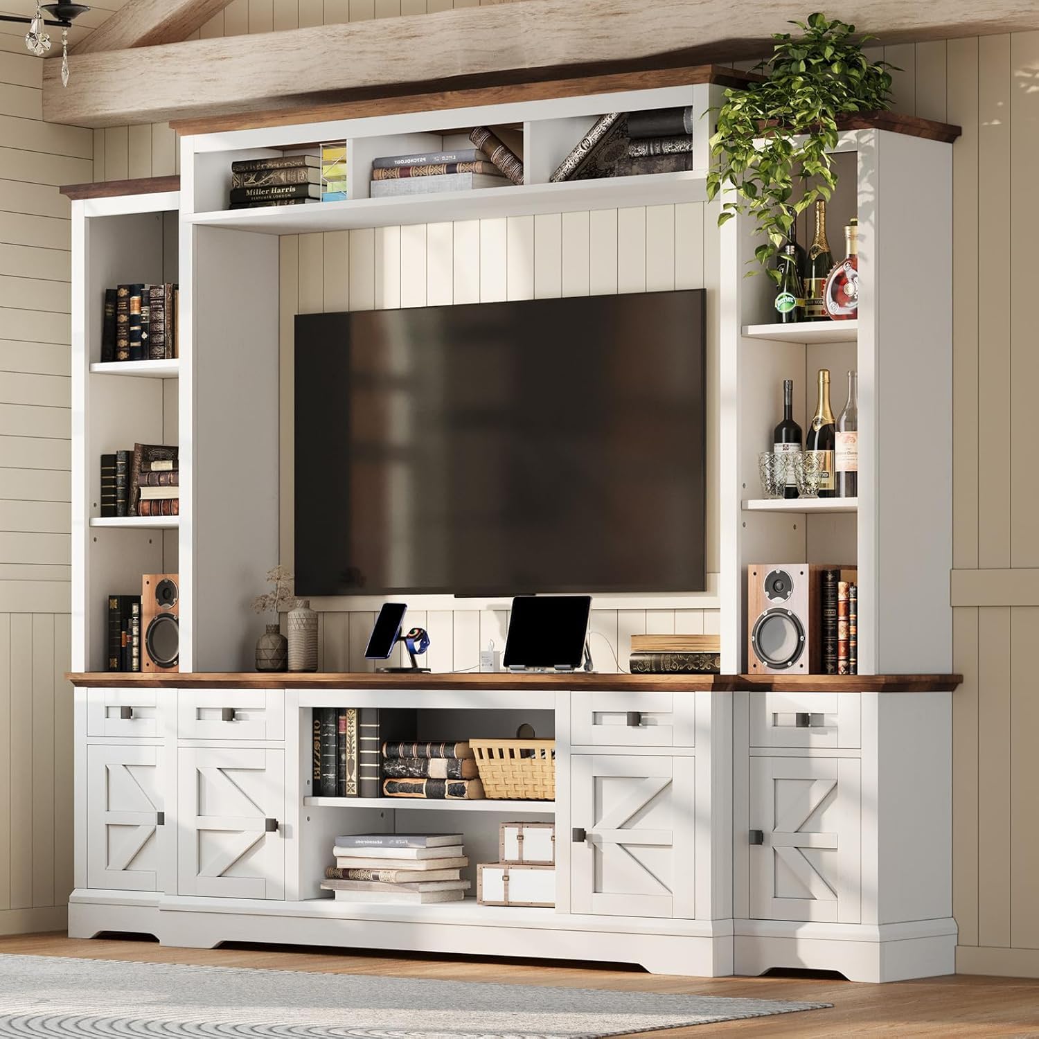 AMERLIFE 4 Pieces Living Room Table Sets, 98" Farmhouse Wall Unit TV Stand with Bookshelves & Wine Cabinet, Coffee Table & 2 End Tables with Charging Station and USB Ports, Living Room, Barnwood+White