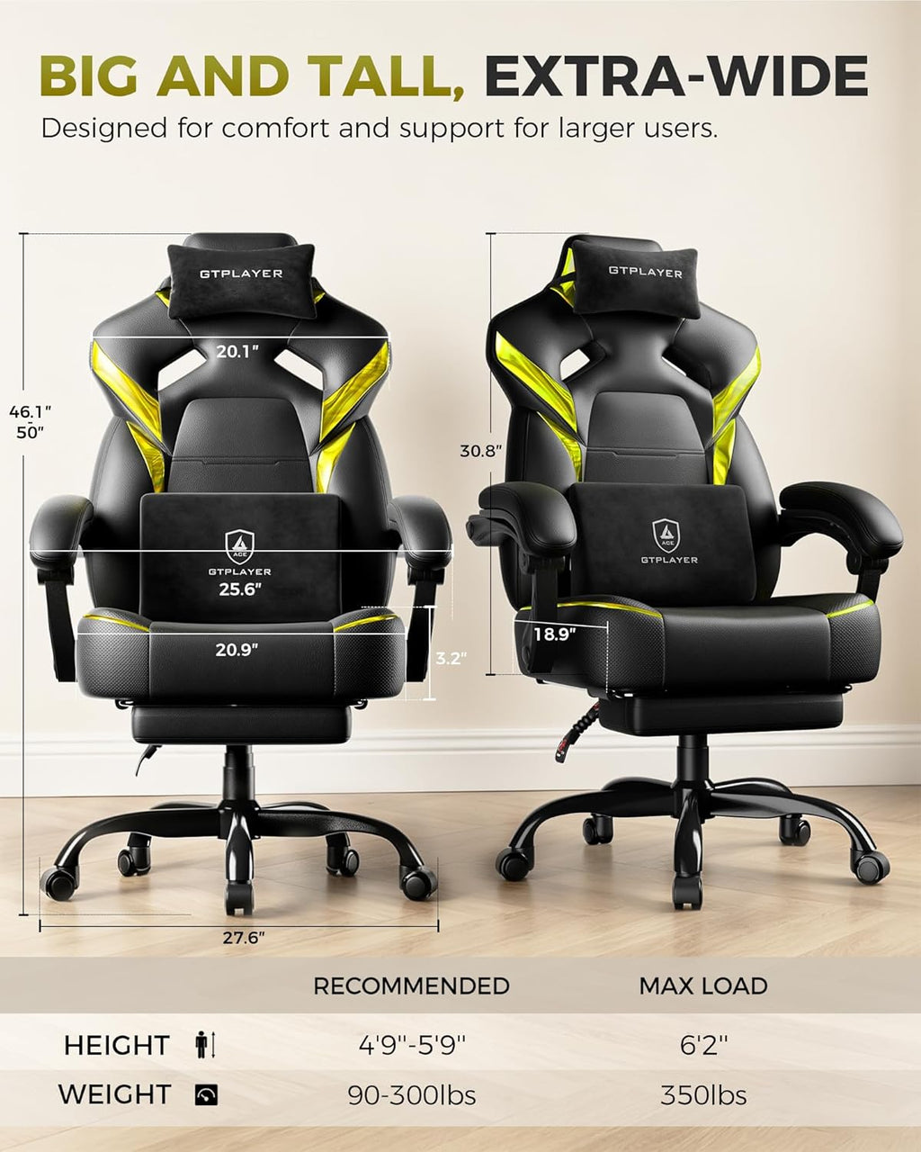 GTPLAYER Big and Tall Gaming Chair with Footrest, High Back Ergonomic Office Chair for Adults, Heavy Duty 350 lbs Capacity, Premium Leather & Iridescent Trim, ACE-Armor, Yellow