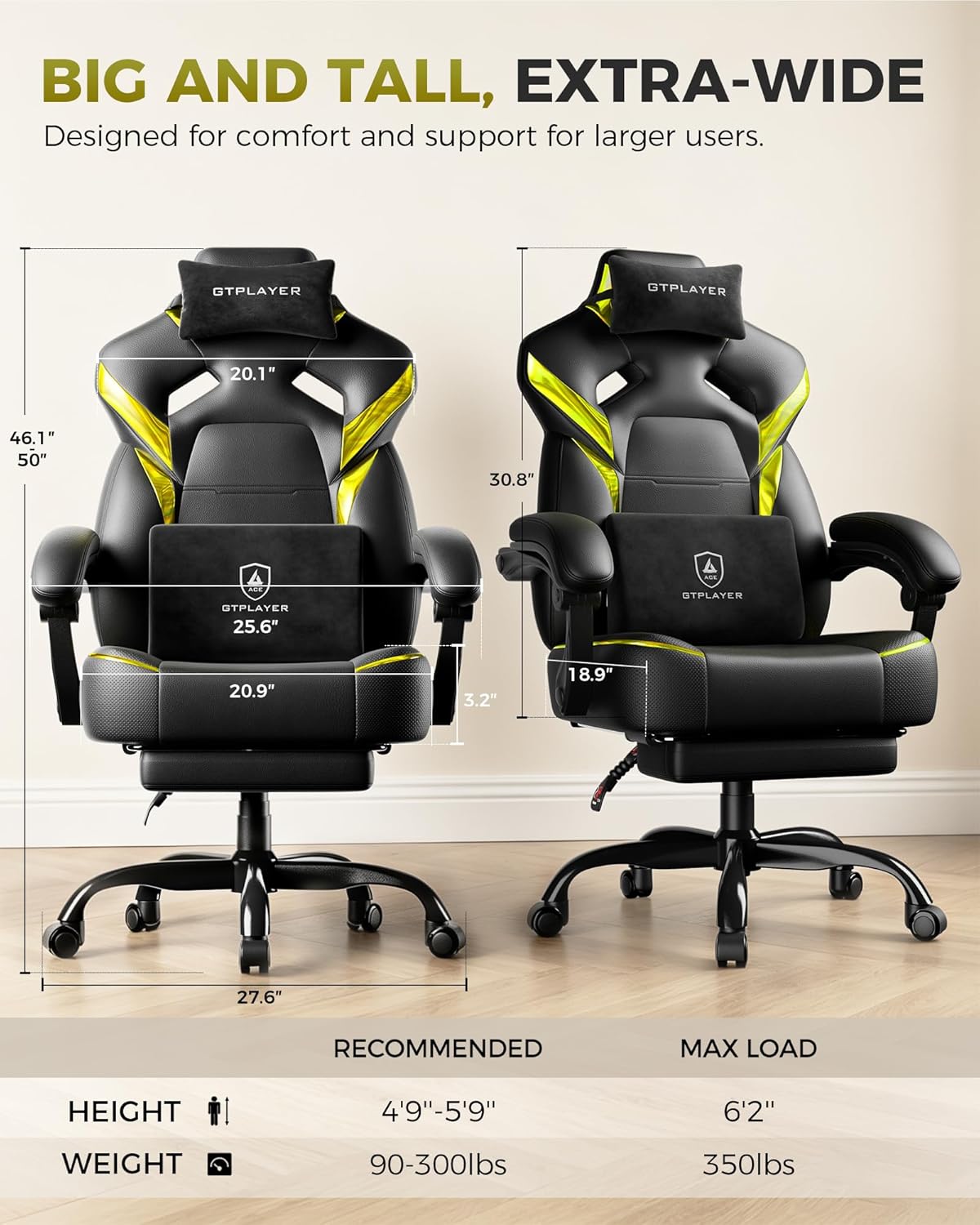 GTPLAYER Big and Tall Gaming Chair with Footrest, High Back Ergonomic Office Chair for Adults, Heavy Duty 350 lbs Capacity, Premium Leather & Iridescent Trim, ACE-Armor, Yellow
