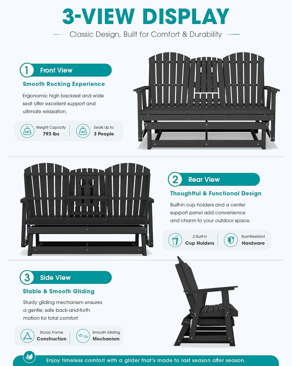 SERWALL 3 Person Outdoor Glider Bench with Cup Holder and iPad Placement,Oversized 66" HDPE Patio Glider Bench, All Weather Patio Glider Chair for Garden,Park,Yard,Front Porch,Black