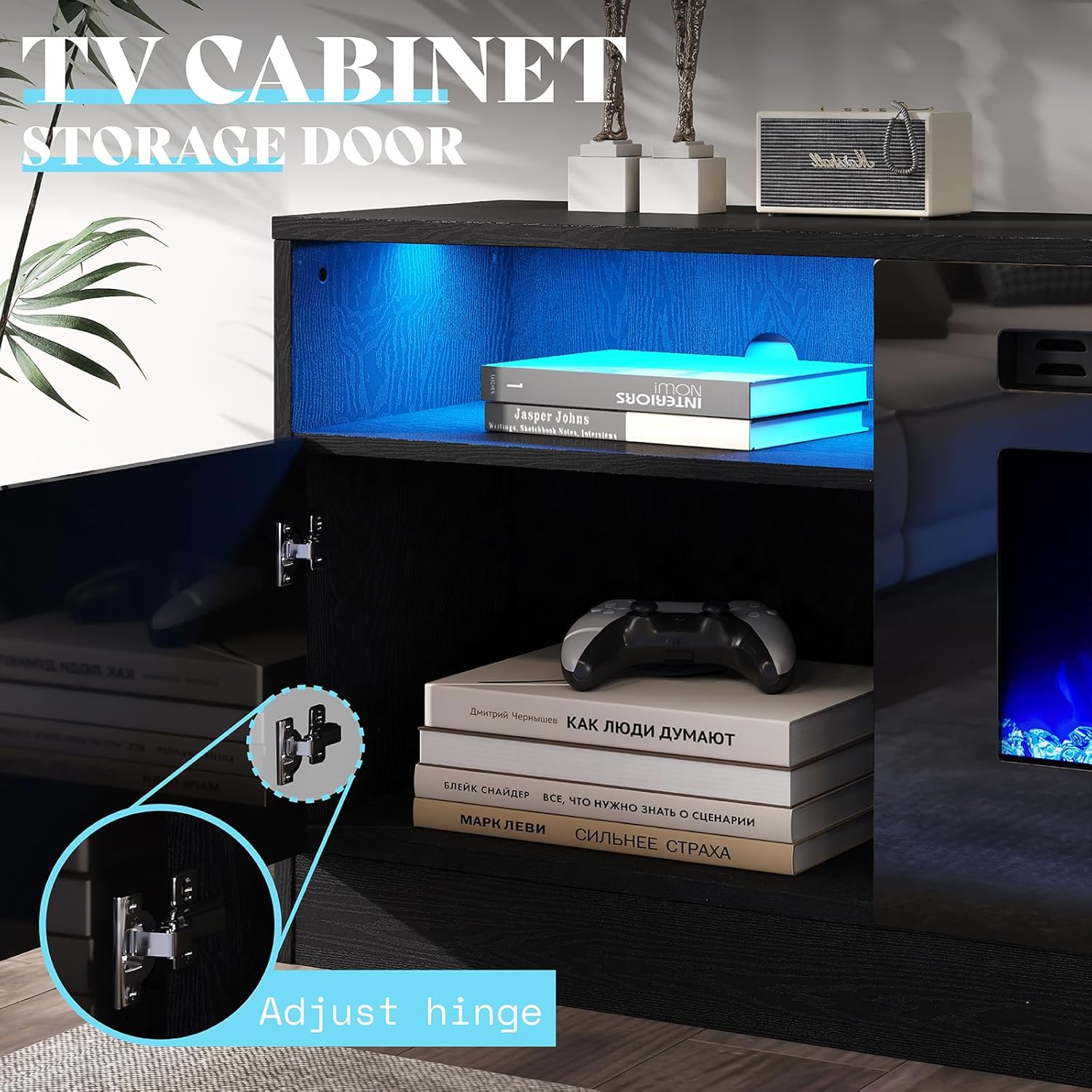 AMERLIFE 4-Piece Modern High Gloss Living Room Table Set, 70" Fireplace TV Stand, 39.4" Coffee Table with 2-Tier Storage, End Table Set of 2 with Charging Station, LED Lights/Black